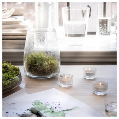 Wilcox, a clear glass vase with moss and small candles beside a window.