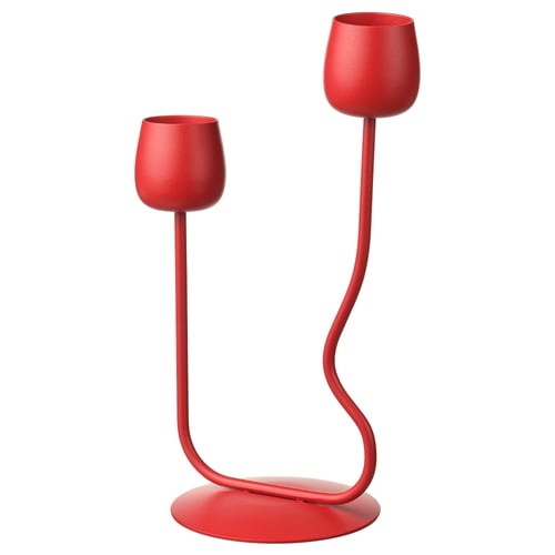 Red SILVERPÄRON double candlestick, curved like flower stems, aluminium with powder coating, stylish modern design.