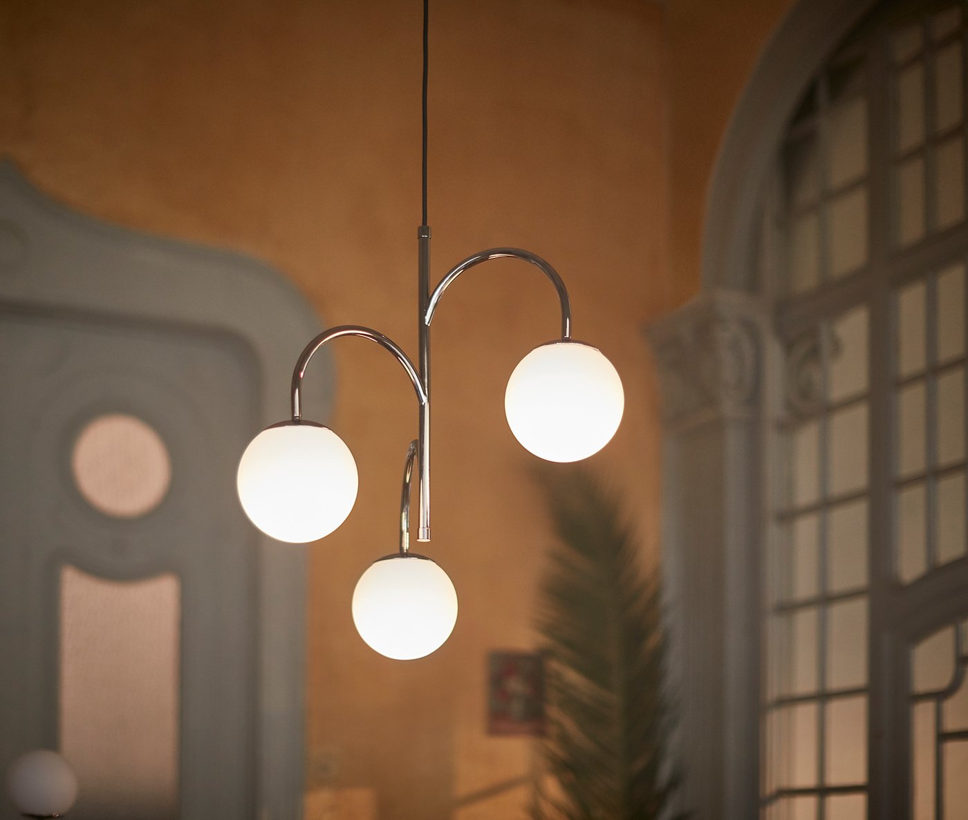 SIMRISHAMN pendant lamp, 3-armed, chrome-plated/opal white glass