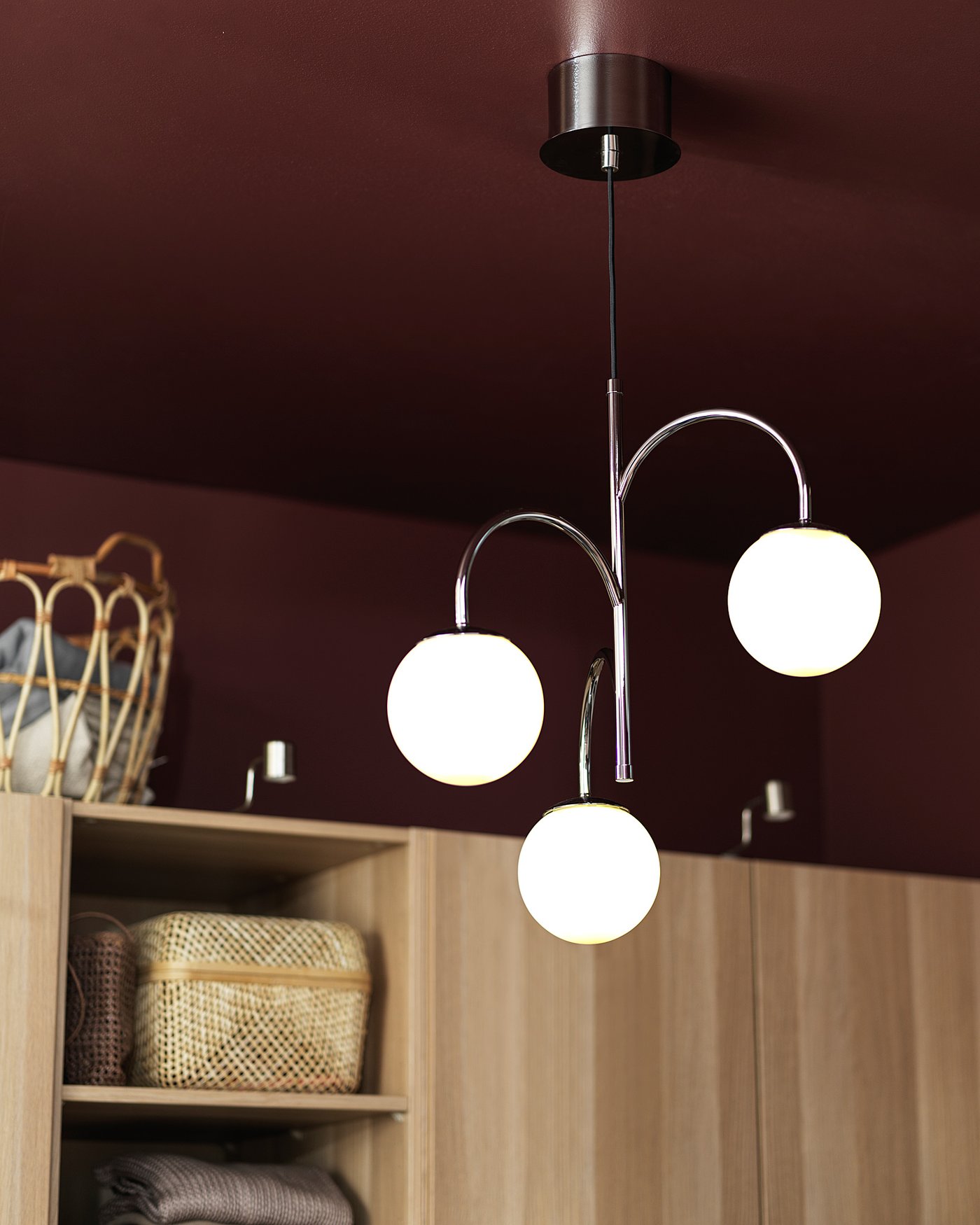 SIMRISHAMN pendant lamp, 3-armed, chrome-plated/opal white glass