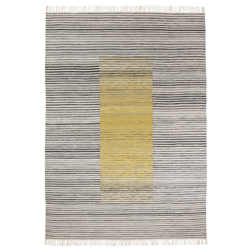 SJÖTÅTEL rug: grey with yellow stripes, woven wool, rectangular with fringed ends.