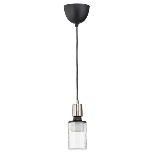 SKAFTET pendant lamp, black. Modern, tube-shaped glass shade, nickel-plated details. Adjustable cord length.