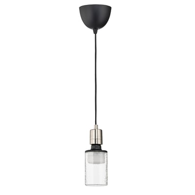 SKAFTET pendant lamp, black. Modern, tube-shaped glass shade, nickel-plated details. Adjustable cord length.