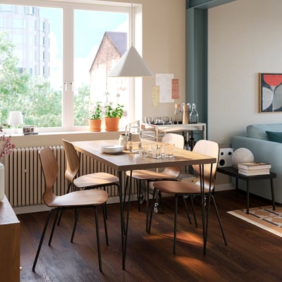 SKÅLSTA Table and 4 chairs, walnut effect hairpin black-grey/walnut veneer tubular metal/black-grey, 140x80 cm