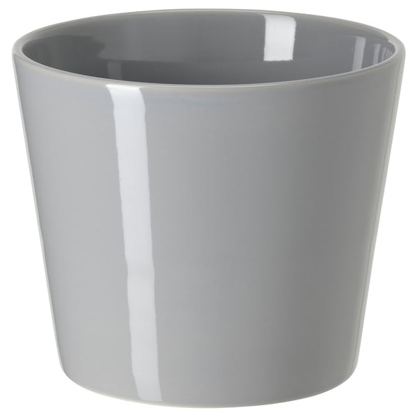 Round, grey ceramic planter; sleek, plain design for indoor/outdoor plants.