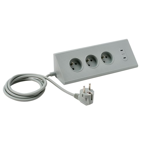 SKOTAT grey extension cord, minimalist design, three outlets, rounded shape.