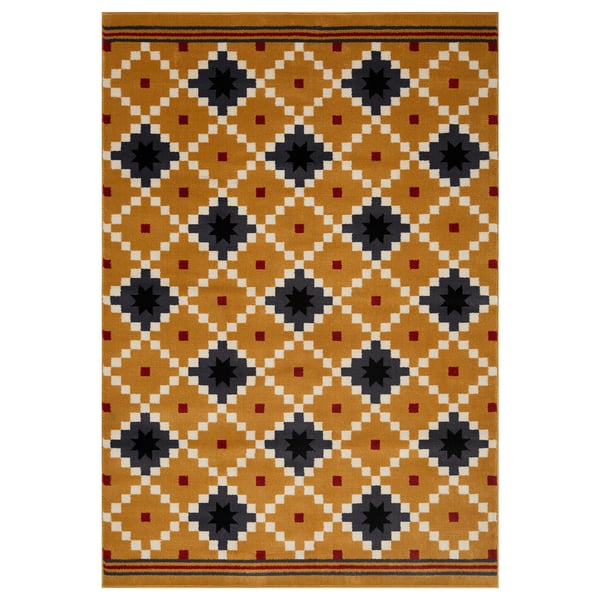 Mustard yellow SKOTERLED rug, square star pattern, soft material.