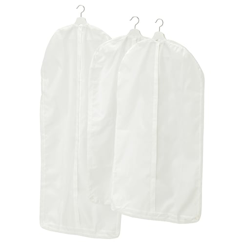 Three white garment bags with hanger hooks, clear zippers, and varying lengths for travel or storage.