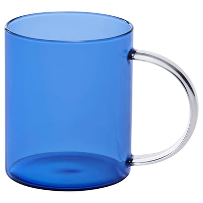 Bright blue glass mug with sleek, curved handle. Heat-resistant, modern design.