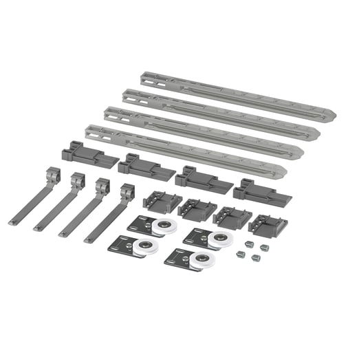 SKYTTA sliding door hardware kit in grey, includes rails, brackets, wheels, and fasteners.