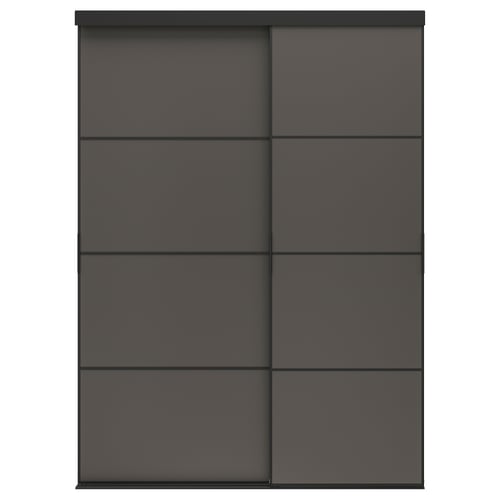A SKYTTA dark grey sliding wardrobe with minimalist design. It four panels with a sleek, modern look.