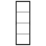 A minimalist, black-framed SKYTTA sliding door. The door has a rectangular shape with four empty compartments and is made of aluminium.