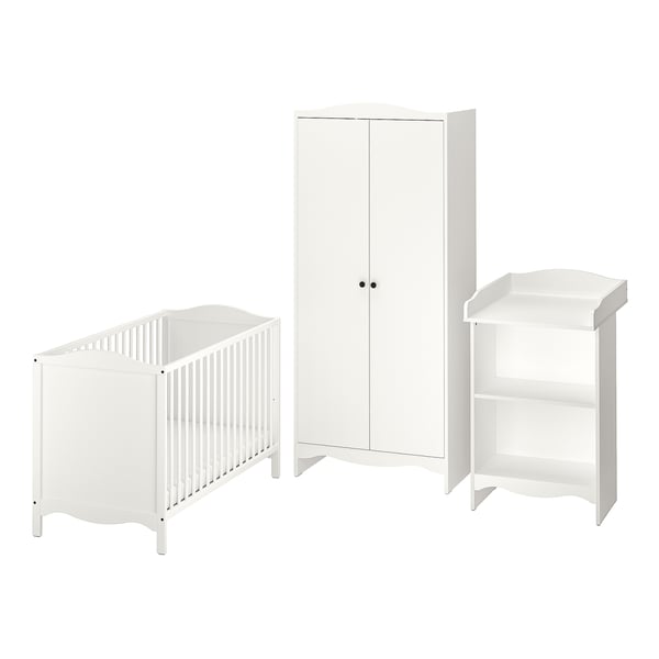 White baby furniture set: cot, wardrobe, changing table with non-toxic surfaces, bevelled edges, and rounded corners.