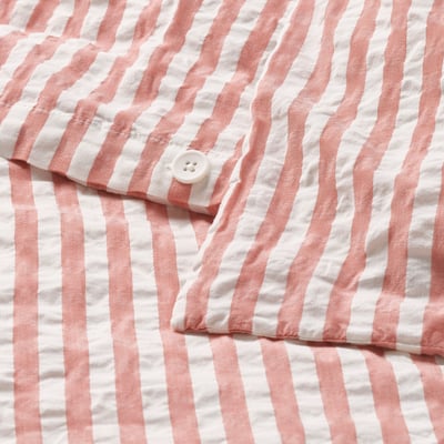 SMÅNUNNEÖRT Duvet cover and pillowcase, red-brown white/striped, 150x200/50x60 cm