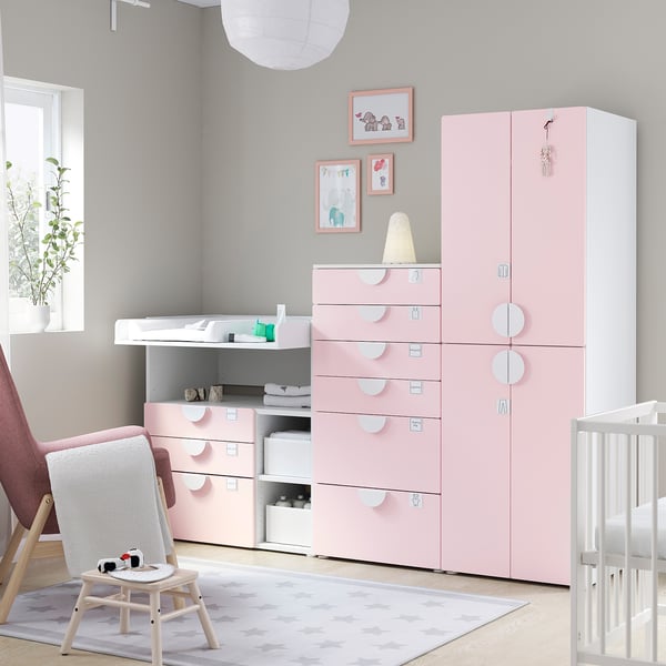 SMÅSTAD / PLATSA Storage combination, white pale pink/with changing table, 210x79x181 cm