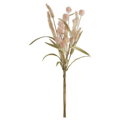 Artificial floral arrangement in neutral tones with feathery, pink flowers and green leaves. Made from recycled material, suitable indoor/outdoor.