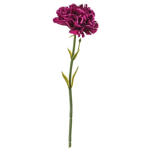 SMYCKA: single magenta carnation-like artificial flower with green stem and leaves. Made from recycled polyester.