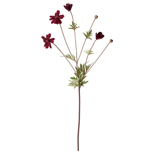 Dark red artificial flower stem with green leaves, made from recycled plastic and steel wire, lifelike design.