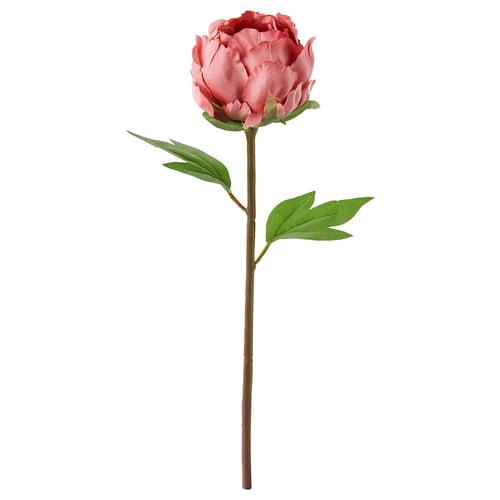 Single pink artificial peony with green leaves, made from recycled plastic.