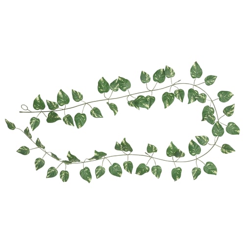 SMYCKA green artificial plant, vibrant leaves on flexible stems, suitable for indoor/outdoor decor, made from recycled materials.