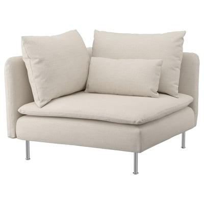 A light beige SÖDERHAMN corner sofa chair with chrome legs, soft cushions, and a modern design.