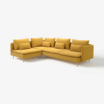 Mustard SÖDERHAMN corner sofa with deep seats, metal legs, and loose cushions for relaxed comfort.