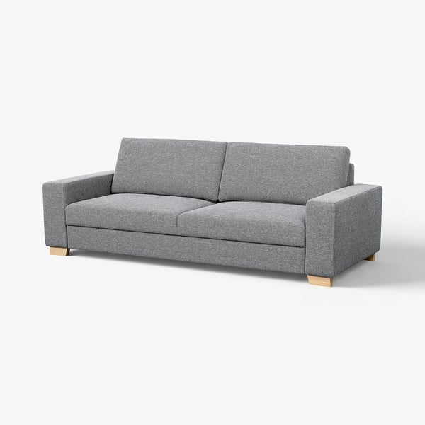 Grey SÖRVALLEN sofa, modern & minimalist, fabric-covered, three-seater, light wooden legs.