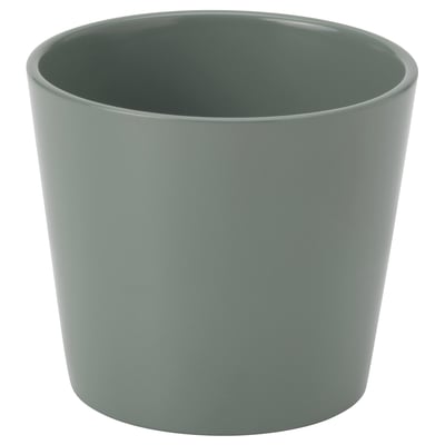 Sojabona planter, sage green, cylindrical, simple design, earthenware material.