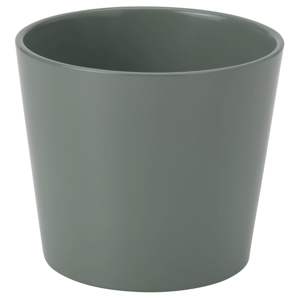 Single, modern, sage green cylindrical planter made of earthenware, designed by ilse crawford with clean lines, ideal for home decor.