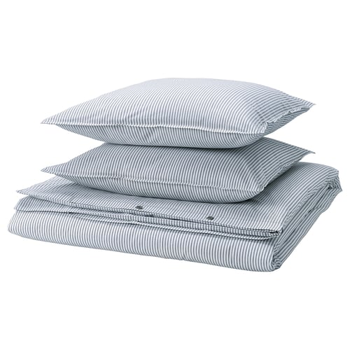 Stack of blue and white striped pillows, rectangular with folded edges.