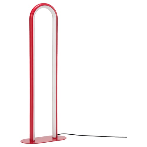 Image shows a red and white SOLVINDEN floor lamp. Its sleek, minimal design a curved arch, blending style and functionality.