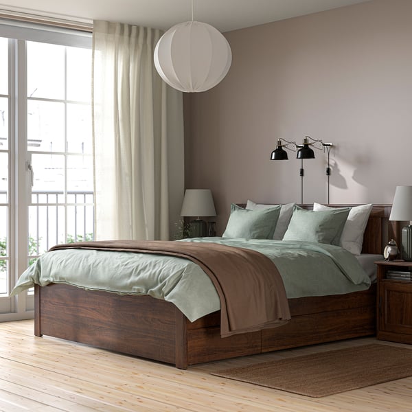 SONGESAND Bed frame with 2 storage boxes, brown, 140x200 cm