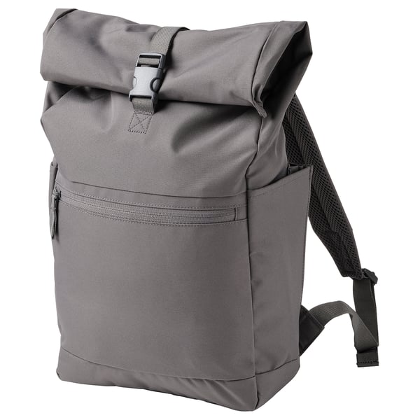 Grey STARTTID backpack, recycled polyester, roll-top design, side pockets.