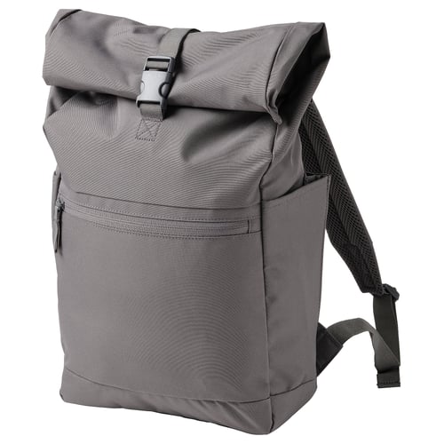 Grey STARTTID backpack, recycled polyester, roll-top design, side pockets.