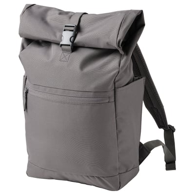 Grey STARTTID backpack, recycled polyester, roll-top design, side pockets.