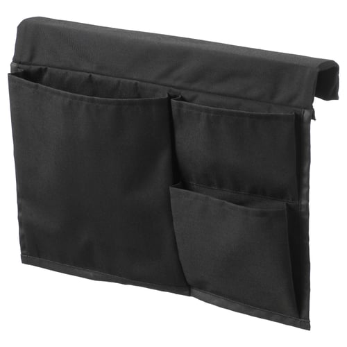 Black bed pocket organiser with three compartments, designed for easy hanging and storage of small items.