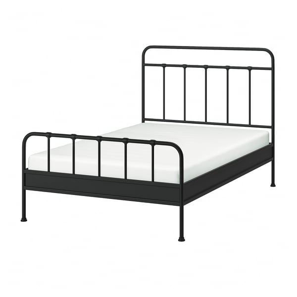 Black STJÄRNÖ bed frame with curved design, high headboard, sturdy & stylish.