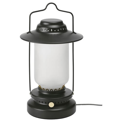 Black STORHAGA lantern with glass shade and metal handle. Round, vintage style, suitable for indoor/outdoor use.