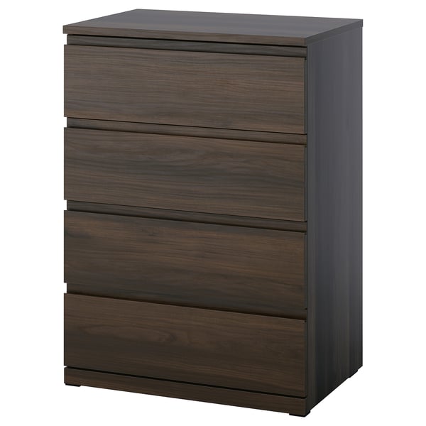 Displays a dark brown 4-drawer chest with a sleek design, made from engineered wood.
