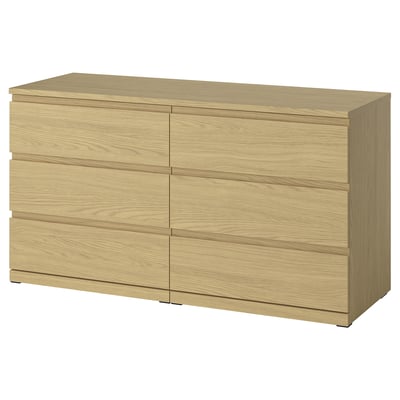 A STORKLINTA light wood dresser with six drawers in a rectangular shape. The dresser a simple, modern design.