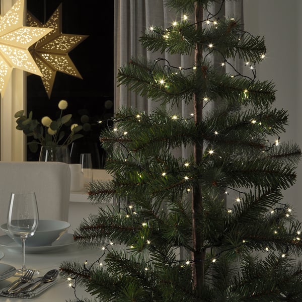 Small, lit christmas tree with warm white lights on a dining table, creating a cosy holiday atmosphere.