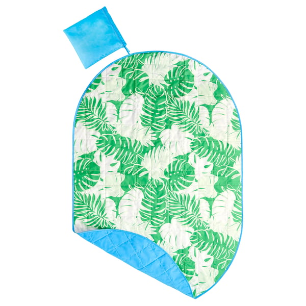STRANDÖN picnic blanket: green leaf, blue trim & bag, rounded, recycled polyester material.