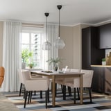 STRANDTORP / MÅRENÄS Table and 6 armchairs, brown/black Gunnared beige, 150/205/260 cm