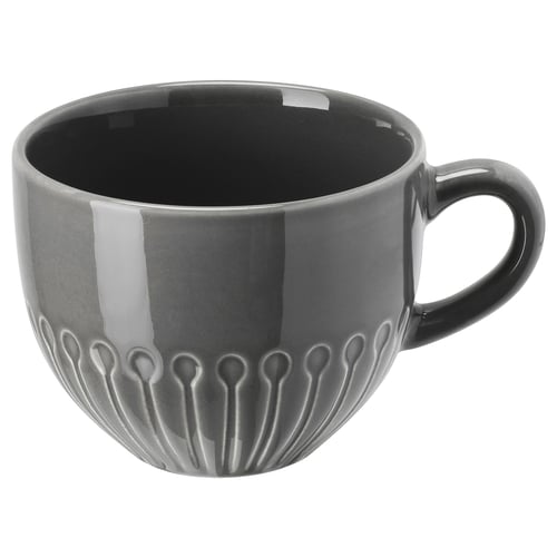 STRIMMIG mug, grey, glossy ceramic, round shape, textured flower design.