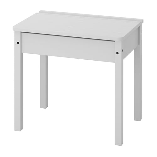 SUNDVIK childs white desk, simple, rectangular, with lift-up top for storage.