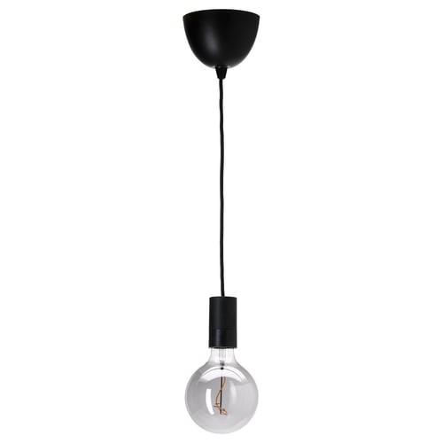 SUNNEBY led bulb: black, round glass, warm light, hanging cord.