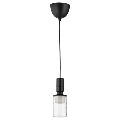 A SUNNEBY pendant lamp with a black textile cord and a rectangular, hammered glass bulb.