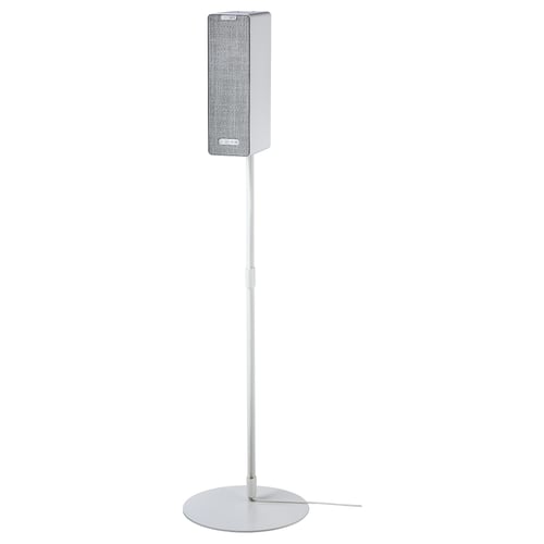 A white SYMFONISK wifi speaker on a stand. The sleek, rectangular speaker has a fabric front and silver base.