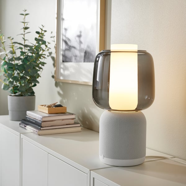 SYMFONISK Speaker lamp w Wi-Fi, glass shade, white/black