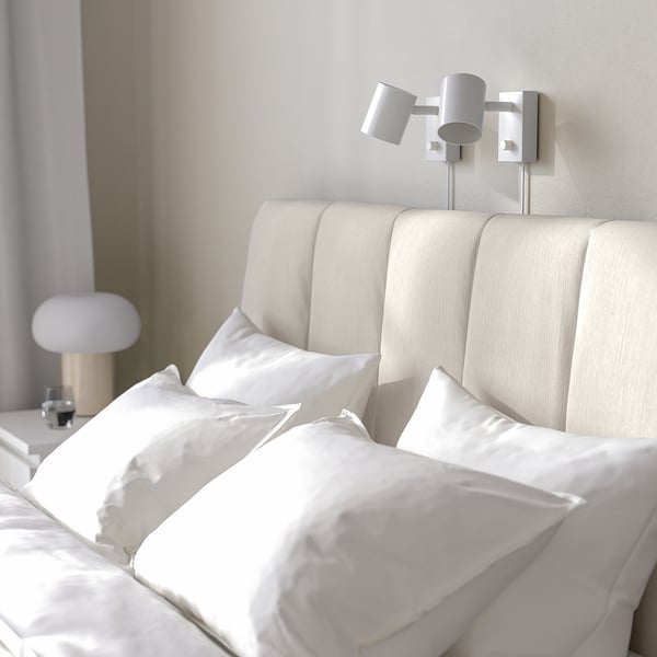 TÄLLÅSEN Upholstered bed frame with mattress, Kulsta light beige/Vesteröy extra firm, 140x200 cm